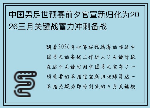 中国男足世预赛前夕官宣新归化为2026三月关键战蓄力冲刺备战 中国男足世预赛前夕官宣新归化为2026三月关键战蓄力冲刺备战